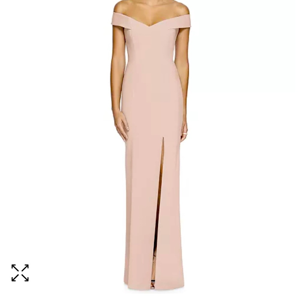 Dessy Collection blush off the shoulder maxi dress